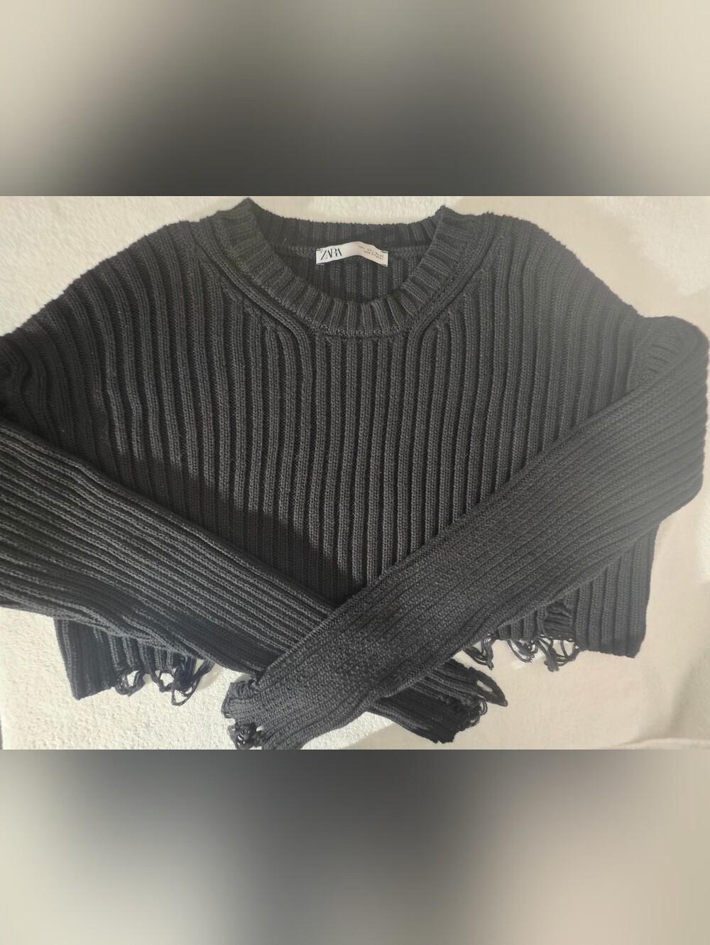 Zara Black Ribbed Crewneck Sweater with Distressed Fringe